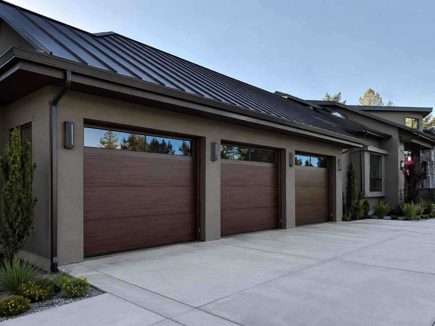 Faux wood garage door on a traditional oak-shaded estate near the Fair Oaks edge in Atherton